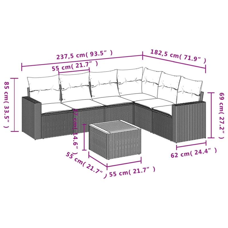 vidaXL Patio Sofa Set with Cushions Outdoor Furniture 7 Piece Poly Rattan - 21.7 x 21.7 x 14.6