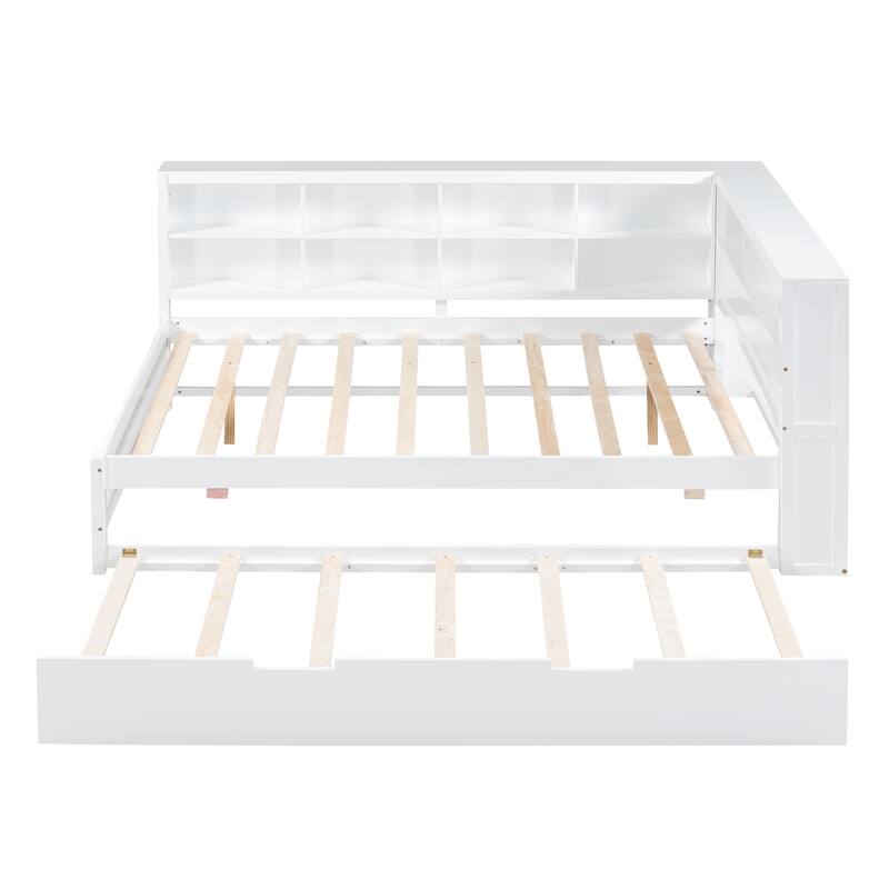 Wood Twin/Full Size DayBed with Twin Trundle, Storage Shelf and USB Charging Ports