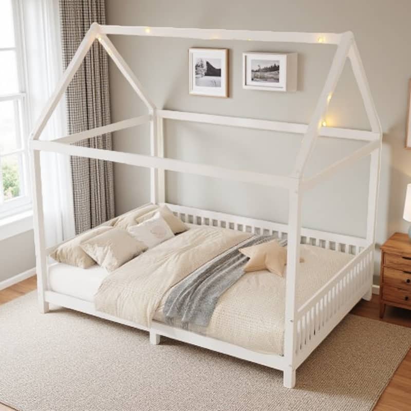 Kids Wooden Bed with Roof and Fence Style Frame, LED Lights and Full Guardrail Design - Full White - Full