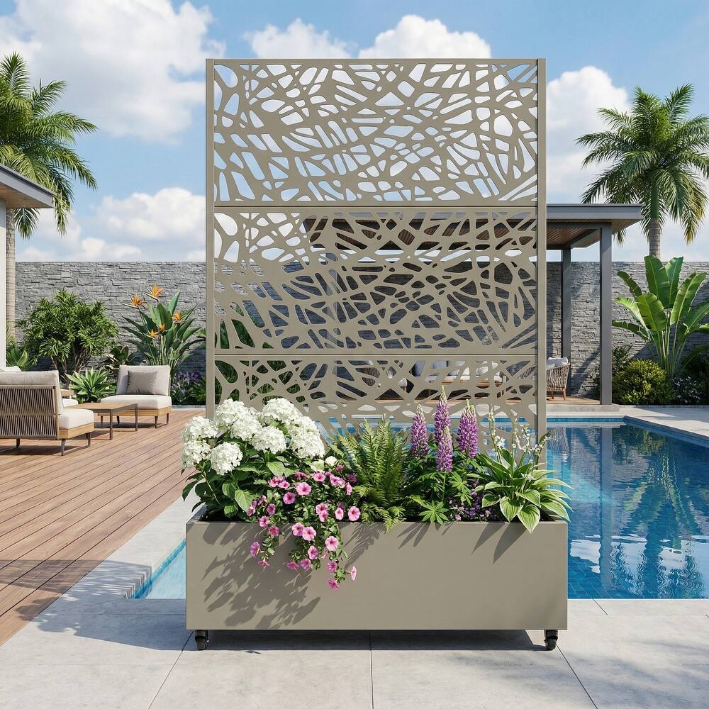 Metal Galvanized Planter Box with Trellis Privacy Screen Lockable Wheels