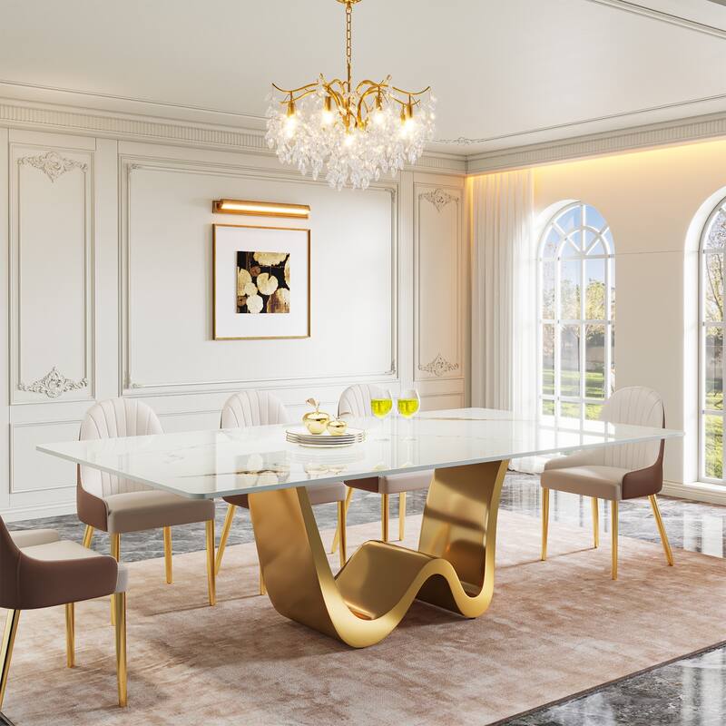 78.74" Large Modern Luxury Rectangle Dining Table, Kitchen Dinner Accent Table - White+Gold