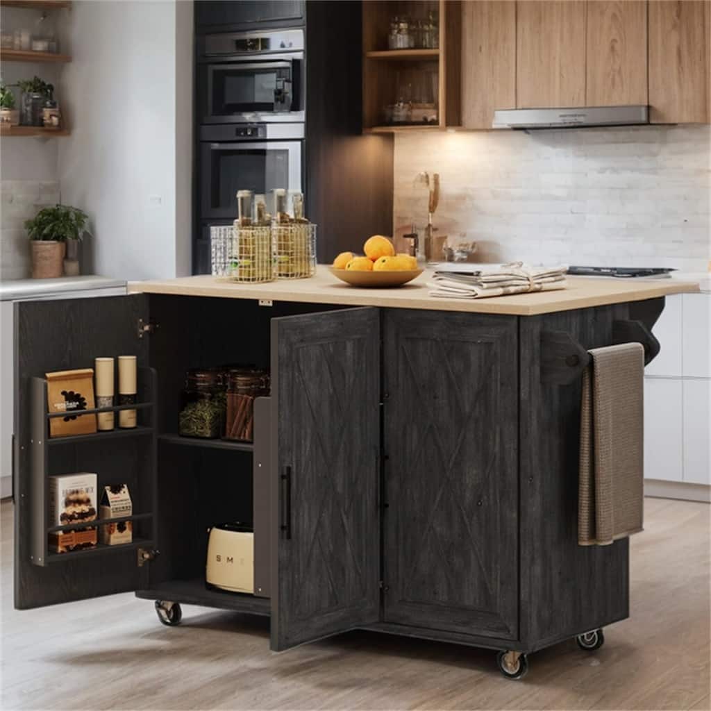 51.2" Wood Rolling Kitchen Island with Drop Leaf and Internal Rack