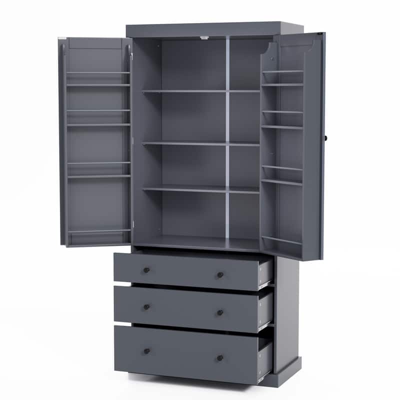 77" Farmhouse-Style Freestanding Pantry – Spacious Kitchen Storage Cabinet with 3 Adjustable Shelves, 8 Door Racks & 3 Drawers.