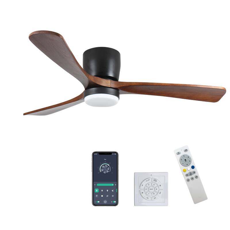 52"Solid Wood Ceiling Fan with Light Optional, 6-Speed Reversible DC Motor and Remote control,Smart Optional - 42"-Non-Smart-With lights - Black with Brown solid wood Blades