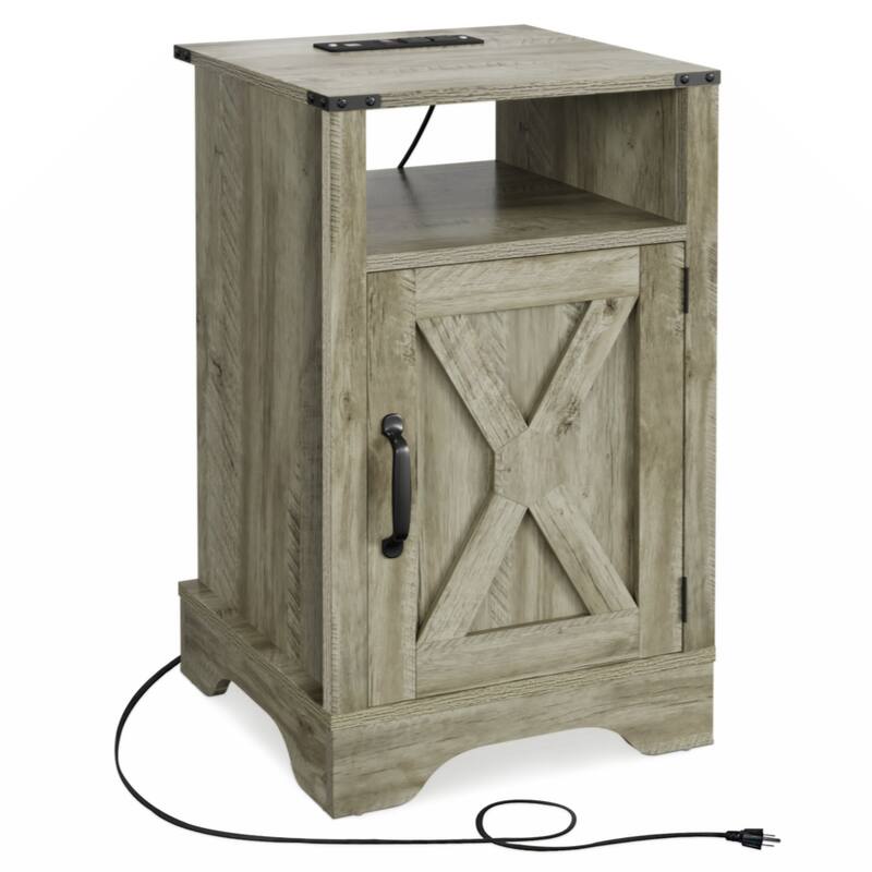 Farmhouse Nightstand Side Table, Tall Bedside Table with Electrical Outlets Charging Station - Light Grey