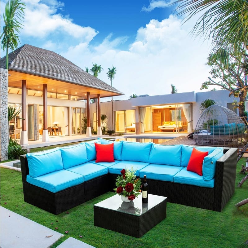 5 Pieces PE Rattan sectional Outdoor Furniture Cushioned U Sofa set with 2 Pillow - Black+Blue