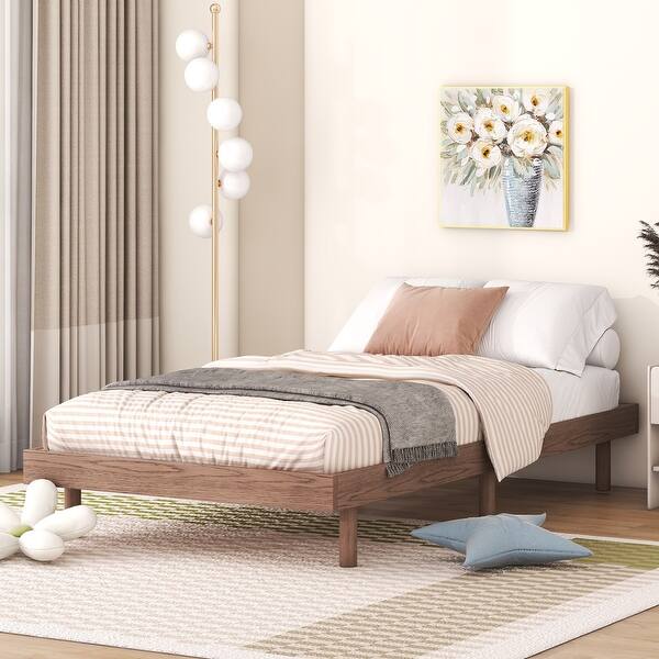 slide 2 of 8, Twin Size Floating Platform Bed Frame with Modern Design and Sturdy Construction Walnut
