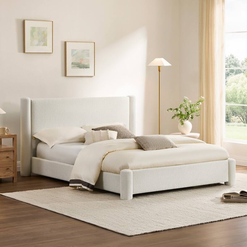 Modern Fully Upholstered Platform Bed Frame with Wide Headboard - Queen