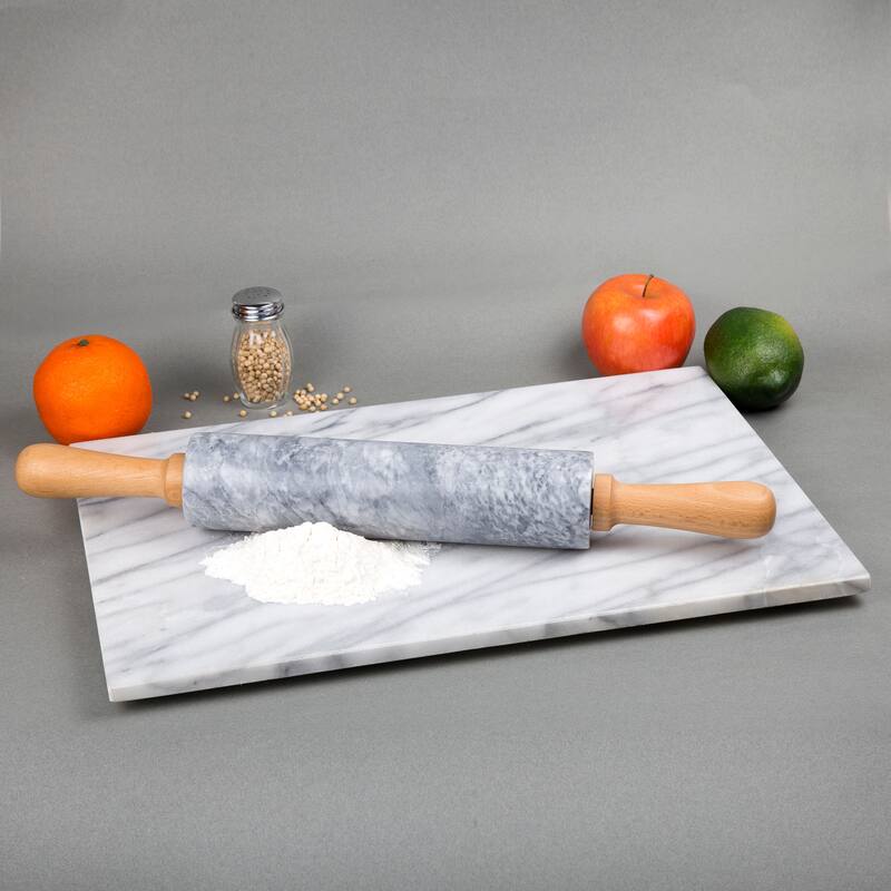 Creative Home Gray Marble 18" Length Rolling Pin w/Deluxe Wood Handles and Cradle