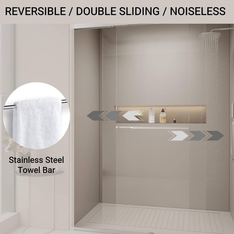 ABRUZZO 56-60" W x 72" H Semi-Frameless Double Sliding Tempered Glass Shower Door with Dual Towel Bars