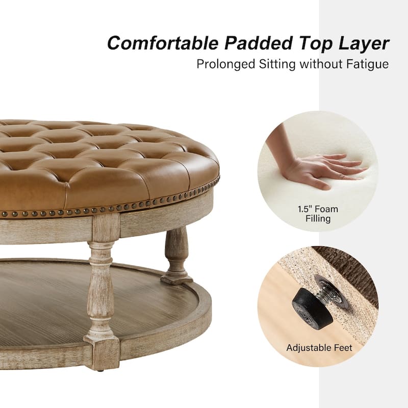 Dulcie Traditional Cocktail Vegan Leather Ottoman with Solid Wood Legs by HULALA HOME
