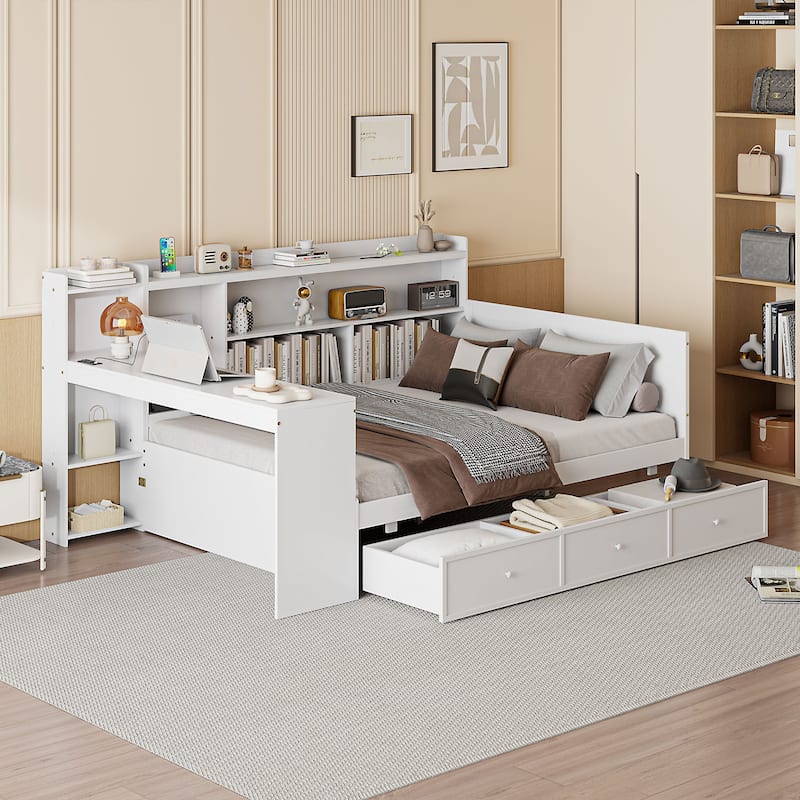 Full Size Daybed with 3 Storage Drawers & Shelves Headboard, Wooden Sofa Bed Frame with USB Ports and Desk, No Box Spring Needed