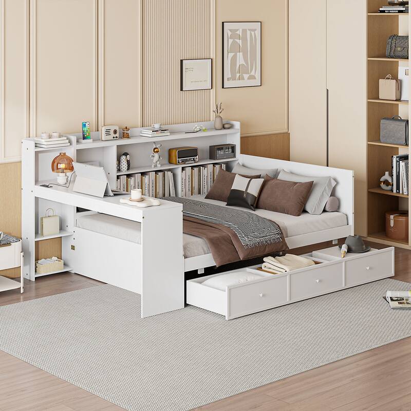 Full Size Modern Wooden Daybed with 3 Drawers, USB Ports & Desk - White - Full