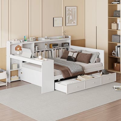 Full Size Wooden Daybed with Drawers, USB Ports, and Desk