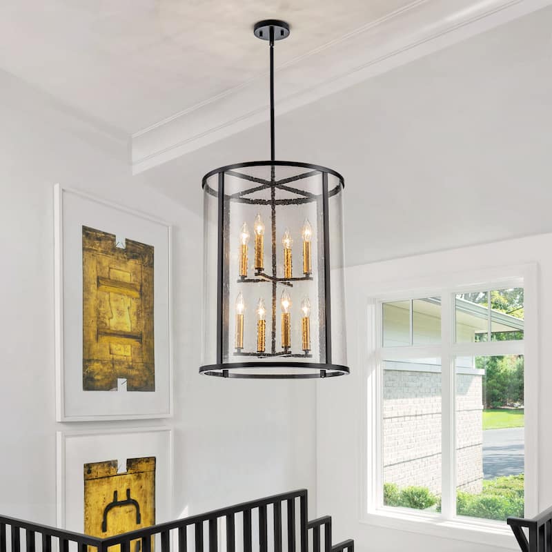 Black Glass Foyer Drum Chandeliers for Dining Room Hight Ceiling Living Room - W17.72" - Black