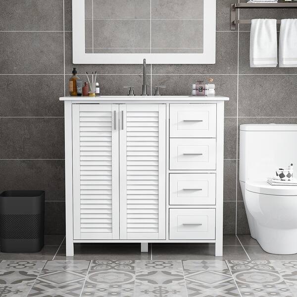 slide 2 of 9, 36.2 x 17.7" Transitional Bathroom Vanity w/White Ceramic Countertop