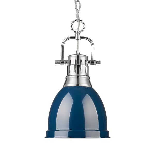 slide 2 of 2, Yep by Golden Lighting Duncan 1-light 9in Chain Hung Pendant in Chrome and Navy Blue shade