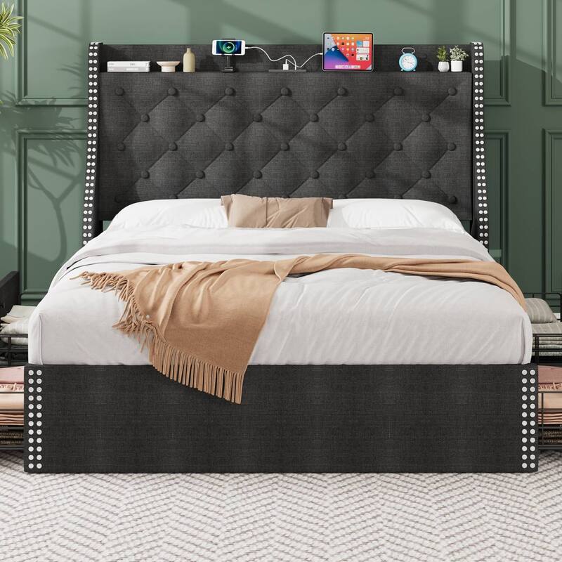 Bed Frame with 4 Storage Drawers and Headboard - Grey - Full