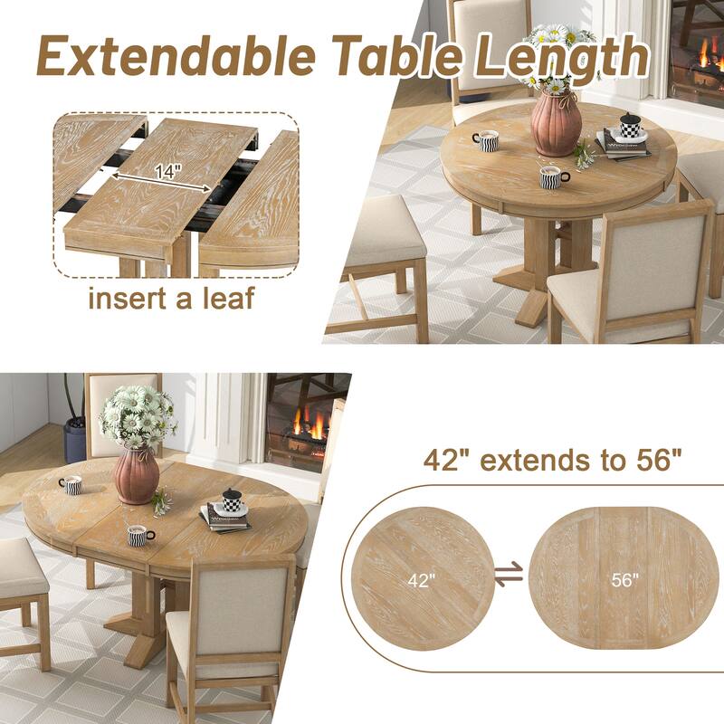 Farmhouse 5-Piece Wooden Dining Table Set with Extendable Round Table & 4 Chairs
