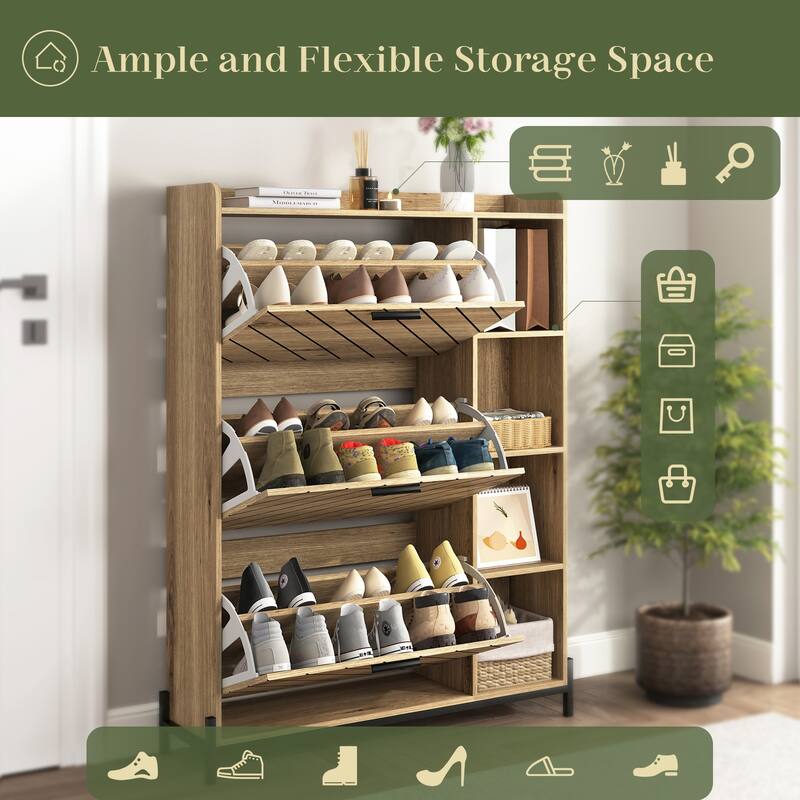 Shoe Cabinet with 3 Flip Drawers & Open Shelves, Entryway Shoe Storage Cabinet Slim, Narrow Hidden Shoe Rack for Heels, Boots