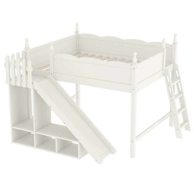 Queen Loft Bed with Storage Shelves and Wardrobe, Solid Wood Loft Beds with Detachable Slide and Ladders, No Spring Box Needed