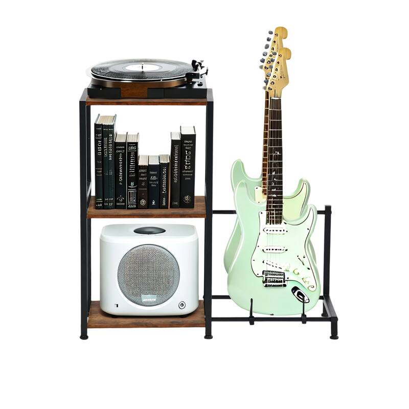 Homy Casa Record Player Stand with Media Shelves & Guitar Rack - Black