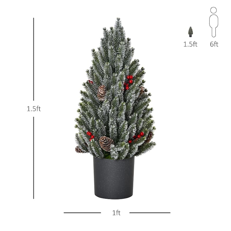 18" Mini Tabletop Xmas Pinecones Tree with Flocked Design and 170 Tips Red Berry for Decorations - 10.75"Dia x 18.5" H