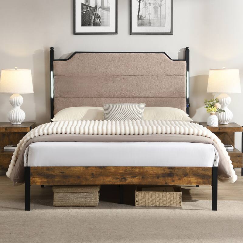 Queen Bed Frame , Upholstered headboard with Charging and Touch sensitive LED Lights, Under Bed Storage, No Box Spring Needed