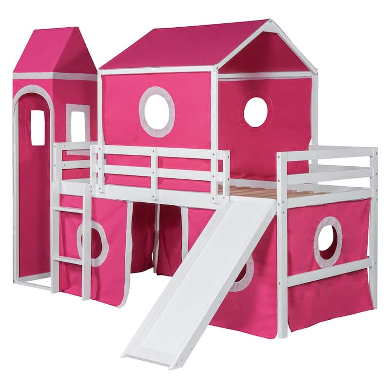 Full/Twin Size Loft Bed with Slide, Pink Tent, Tower, Playhouse Design - Sturdy Solid Wood Construction, Storage Space