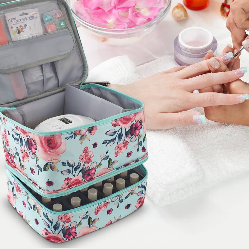 Double-Layer Nail Polish Organizer Bag, Holds 27 Bottles, Nail Tools & Dryer Storage Case with Adjustable Dividers