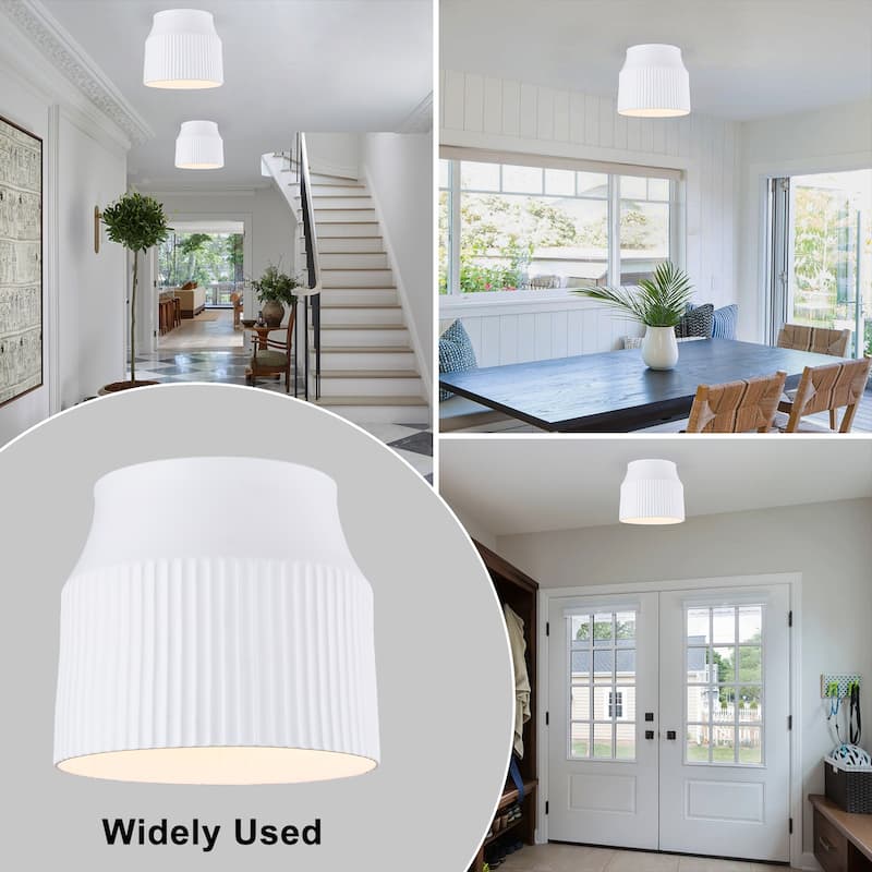 1-Light Matte White Flush Mount Ceiling Light with Ceramic Drum Shade - Dia.9.45-in