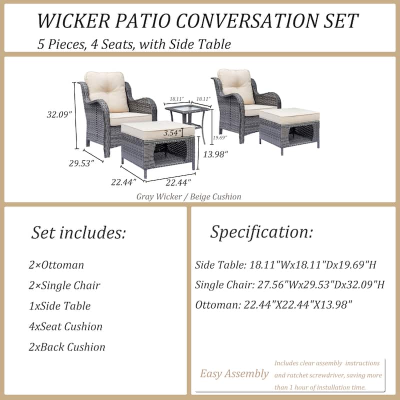 5 Piece Outdoor Wicker Patio Conversation Chair with Ottoman Set