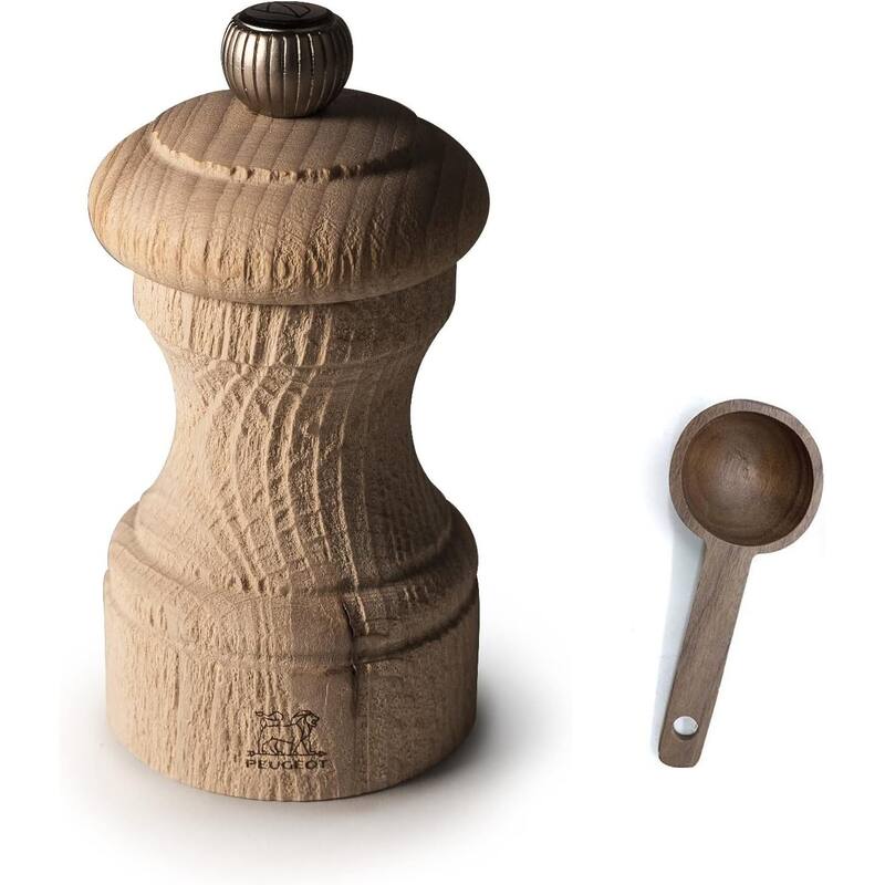 Peugeot Bistro Nature 4 Inch Pepper Mill - With Wooden Spice Scoop - 2 Piece