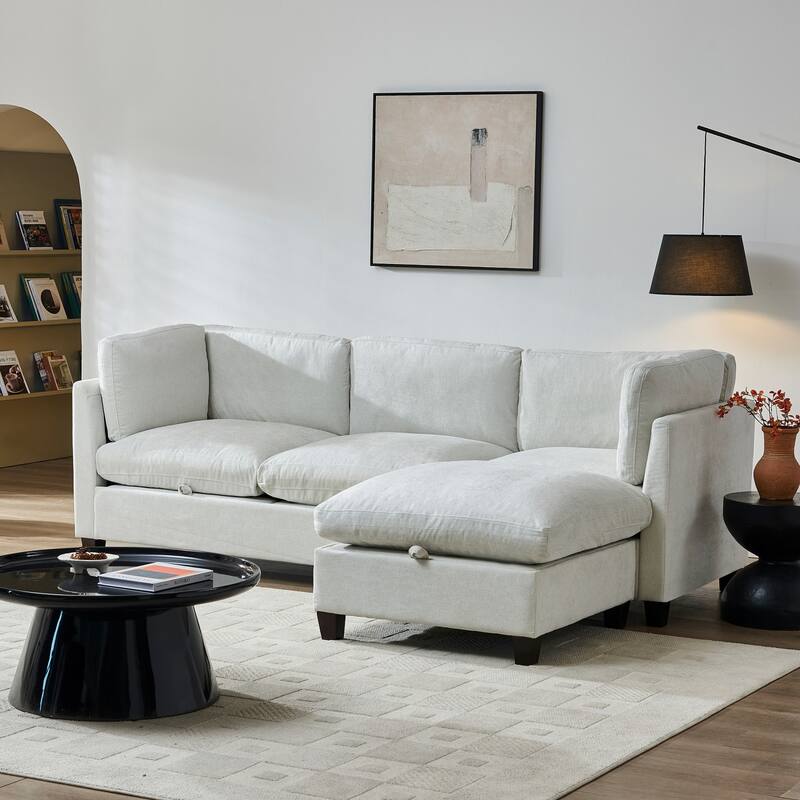 96.5" L-Shaped Chenille Sectional Sofa with Storage and Movable Ottoman