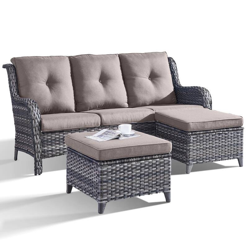 Outdoor 3-Piece Sofa with Ottomans Grey-Grey - Grey