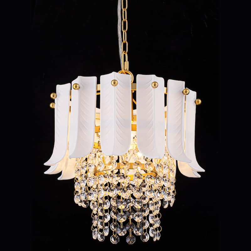 Brushed Gold Crystal Pendant Light with White Ceramic Shades Dining - Dia.9.84-in