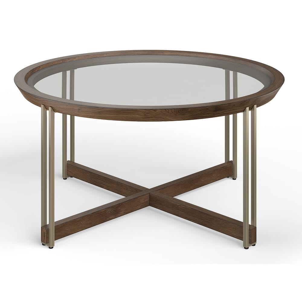 Magnussen Home Elora Walnut And Tarnished Silver and Clear Glass Round Cocktail Table - 36''W x 36''D x 18''H
