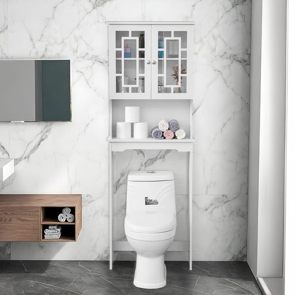 slide 2 of 3, EROMMY Bathroom Organizer Over-The-Toilet Storage, Wooden Unit with 2 Glass Doors & Adjustable Shelf for Bathroom Use White
