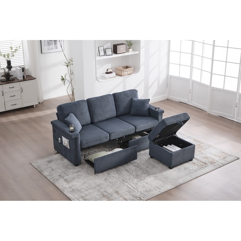 L-Shaped Sectional Sofa with Pull-Out Storage,Ottoman & Pillows 3-Seat with USB Charging,Cup Holder, Convertible Design