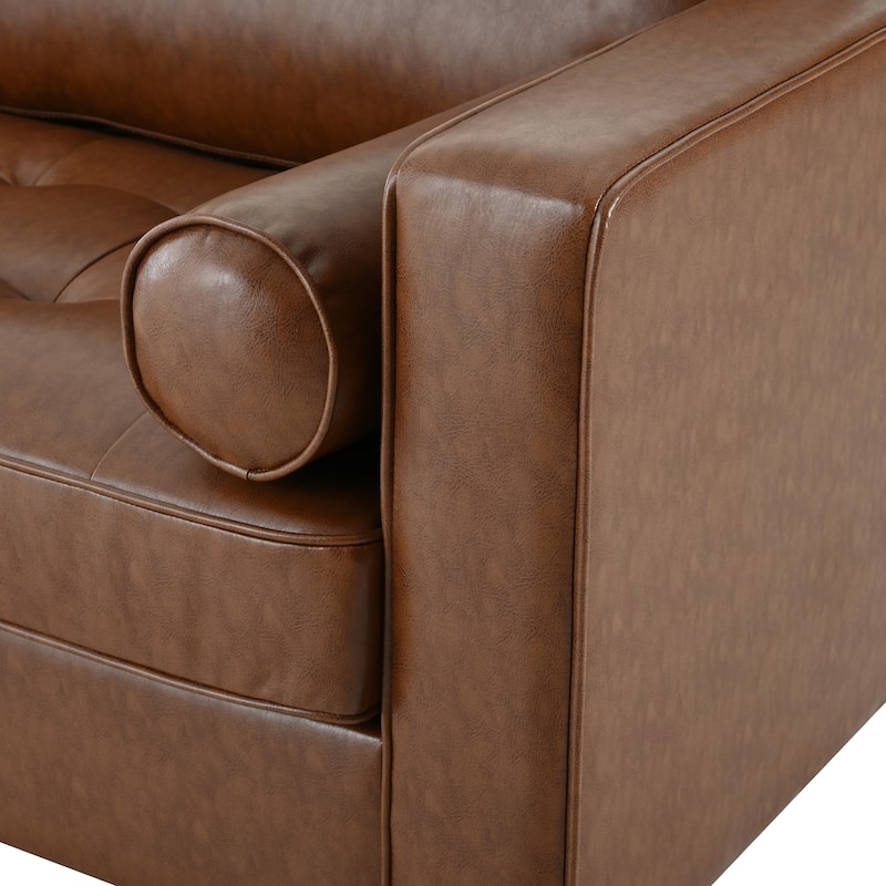 Mid-Century Modern PU Leather 3-Seat Sofa, Tufted Design, Solid Wood Legs, 2 Bolster Pillows, Comfortable sofa