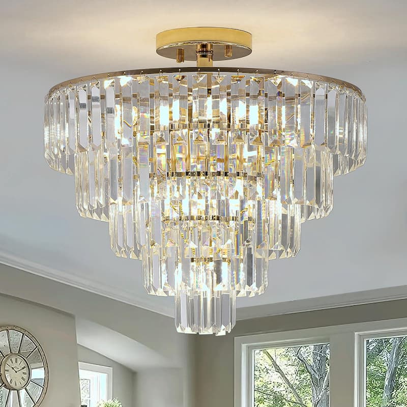 Gold Crystal Chandelier - 5-Tier Round Semi Flush Mount Light Fixture - Gold