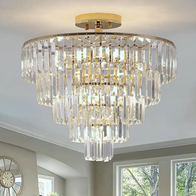 Gold Crystal Chandelier - 5-Tier Round Semi Flush Mount Light Fixture