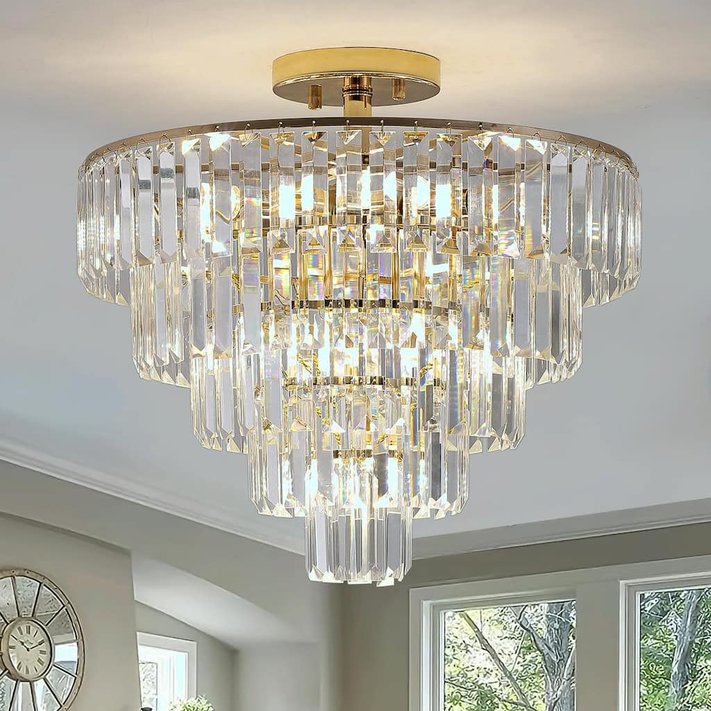 Gold Crystal Chandelier - 5-Tier Round Semi Flush Mount Light Fixture