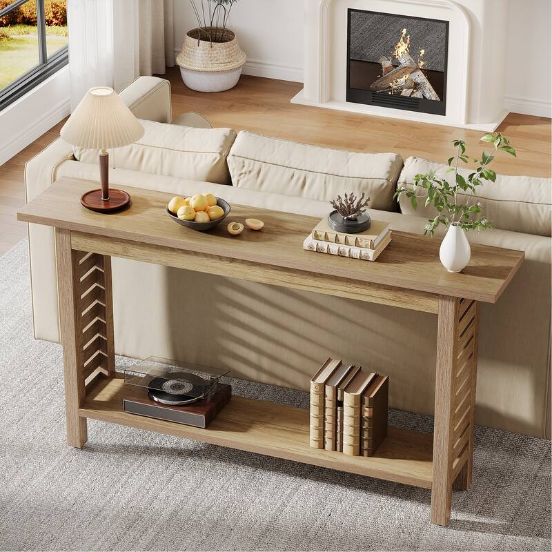 2-Tier Farmhouse Console Table for Foyer, Hallway, Living Room (Oak)