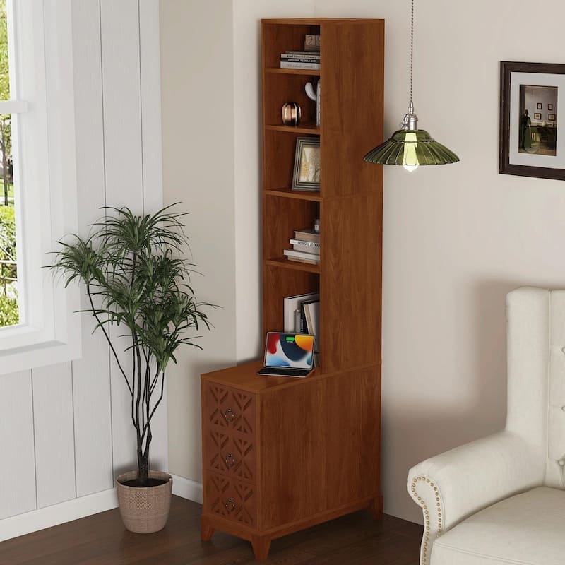 Corner End Table, Drawers & Shelves - Brown - 4-Shelf