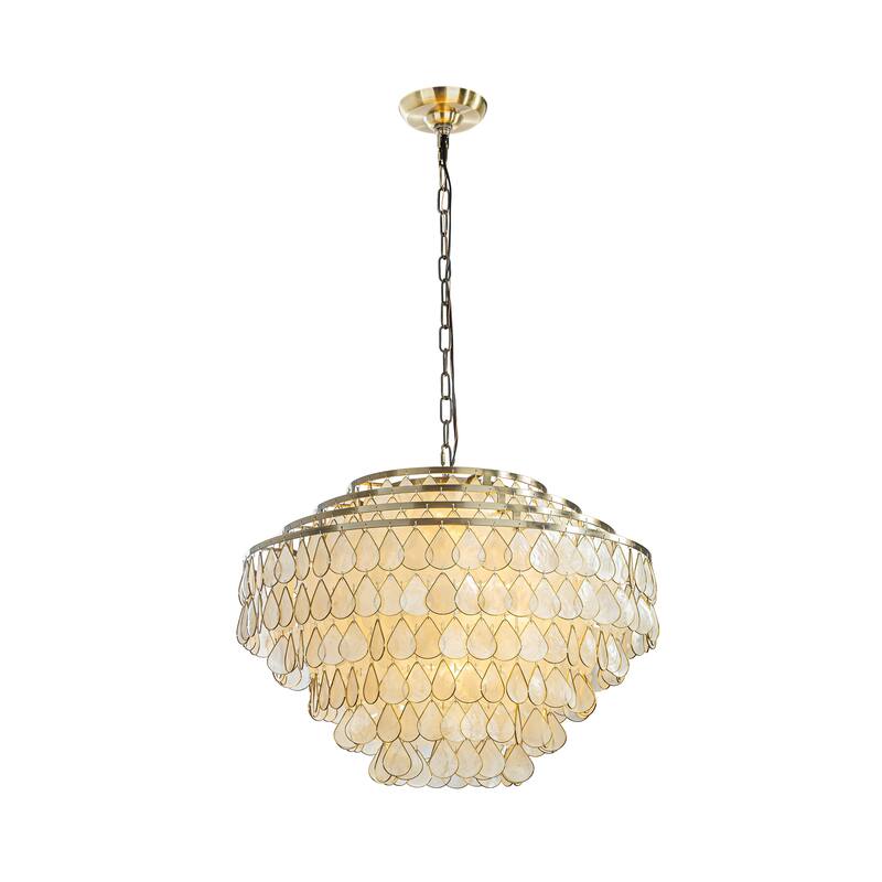 7-Light 24'' Mid-Century Modern Coastal Aged Bronze 4-Tier Natural Capiz Shell Chandelier Glam Pendant Light For Dining Room - W24'' - Aged Bronze