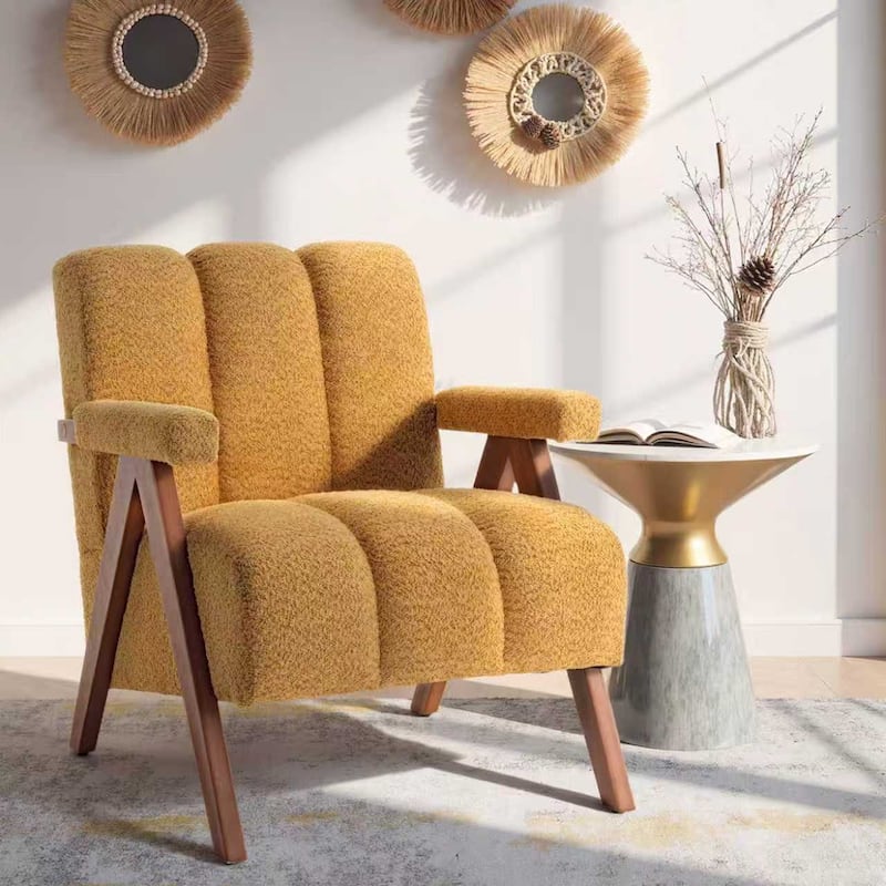Mid Century Modern Accent Chair, Chenille Armchair with Solid Wood Legs, Channel Tufted Comfy Reading Chair for Living Room - Mustard