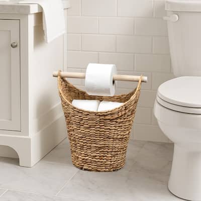 happimess, Talia Hand-Woven Water Hyacinth Toilet Paper Basket with Wood Bar