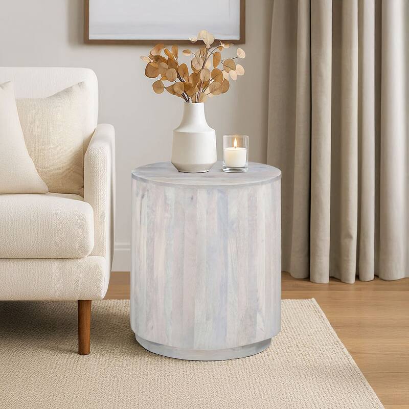 Febe Side End Accent Table, 20 Inch Round Top, Cylindrical Plinth Base, Oak White Mango Wood