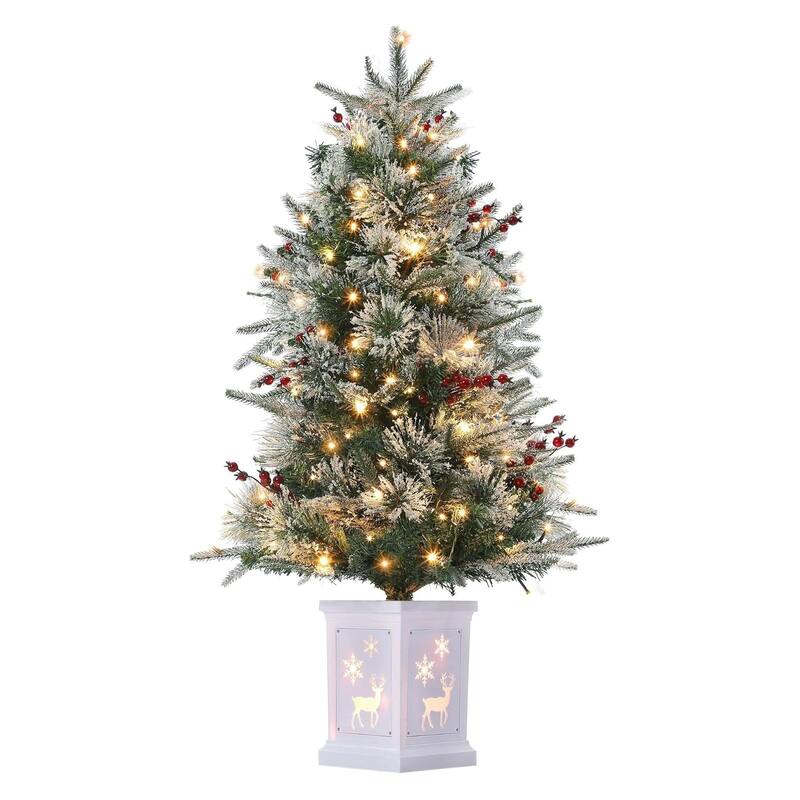 4.5 Ft Artificial Christmas Tree with 200 Warm White LED Lights and Red Berries Potted Base Holiday Xmas Tree - 13#